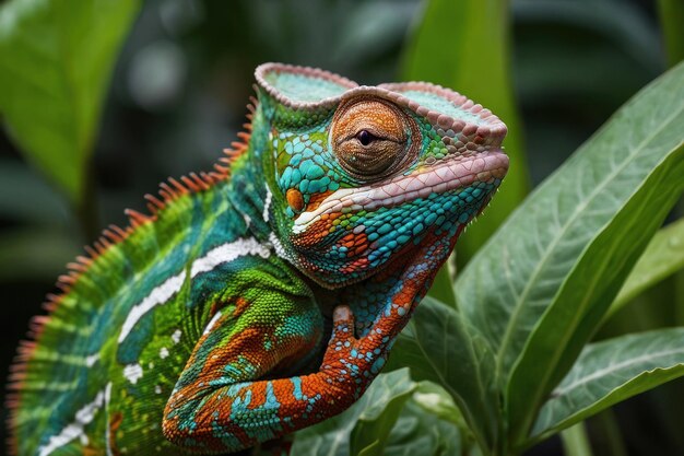 Le caméléon vibrant se confond avec le feuillage vert