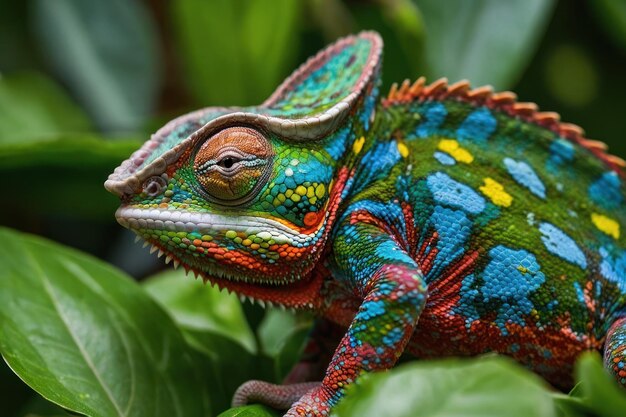 Le caméléon vibrant se confond avec le feuillage vert