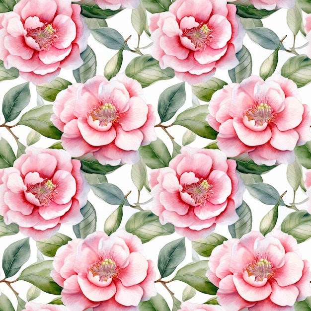 Camélias à l'aquarelle Pattern sans couture Aquarelle Camélias fleurs roses Aquarelle créative Camélias en fleurs sur fond blanc Dessin à l'eau Illustration générative par IA