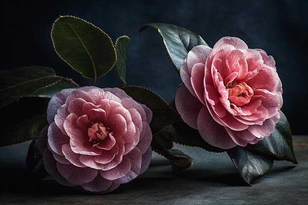 Photo des camélias roses élégantes sur une vue stylisée artistique grise