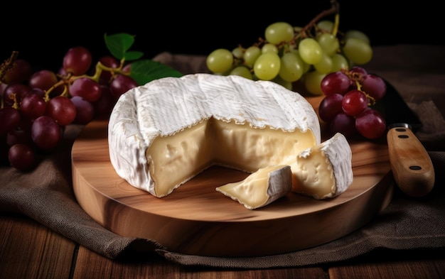 camembert brie sur une planche à découper en bois avec éléments décoratifs fromage artisanal généré par ai