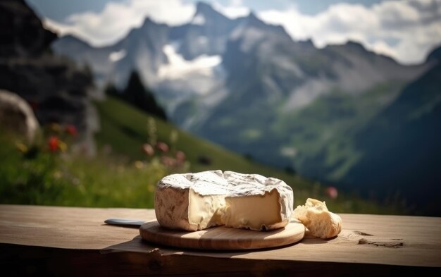 camembert sur une planche à découper en bois avec des montagnes en arrière-plan ai généré