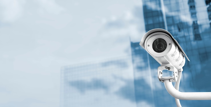 Photo caméra cctv dans la ville avec espace de copie