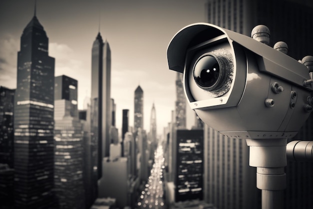 Caméra CCTV sur fond de paysage urbain AI