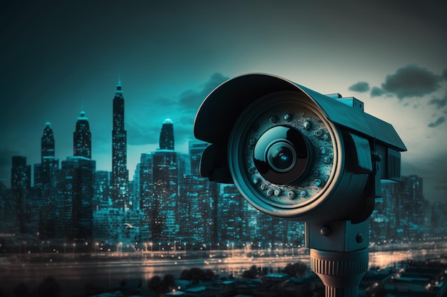 Caméra CCTV sur fond de paysage urbain AI