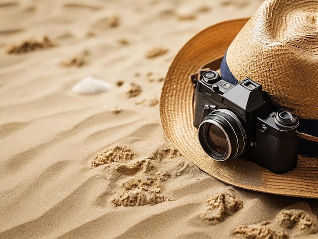 Une caméra et un chapeau sont sur le sable.