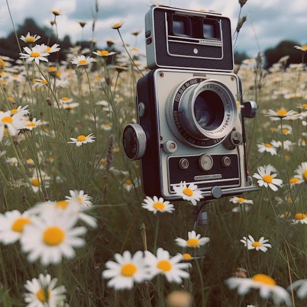 Une caméra dans un champ de marguerites