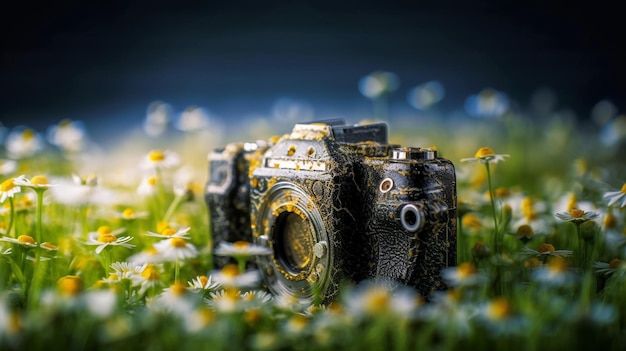 Une caméra dans un champ de marguerites