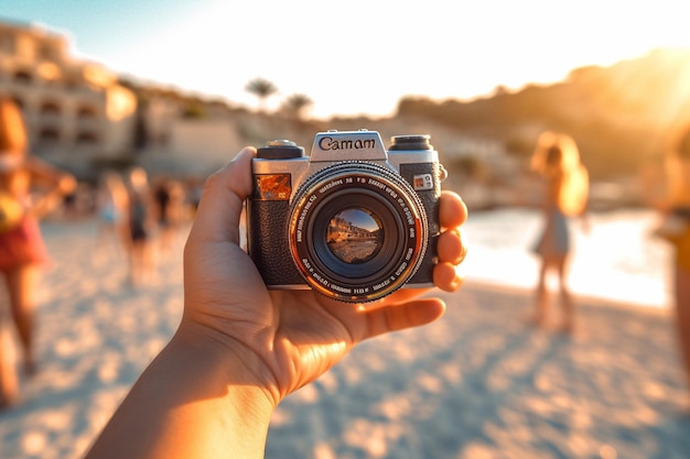 Une caméra dans la main est tenue par quelqu'un dans le sable.