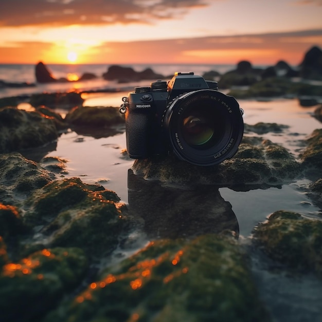 Une caméra est posée sur des rochers avec le soleil se couchant derrière elle.