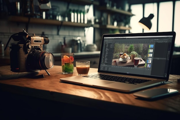 une caméra est sur une table à côté d'une caméra et d'un verre de jus.