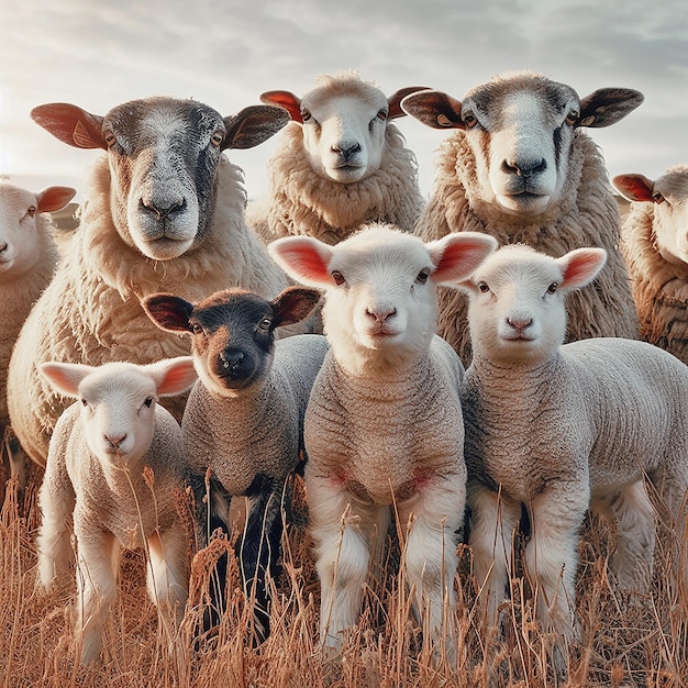 Photo la caméra face aux moutons et aux adorables agneaux capturés dans le cadre