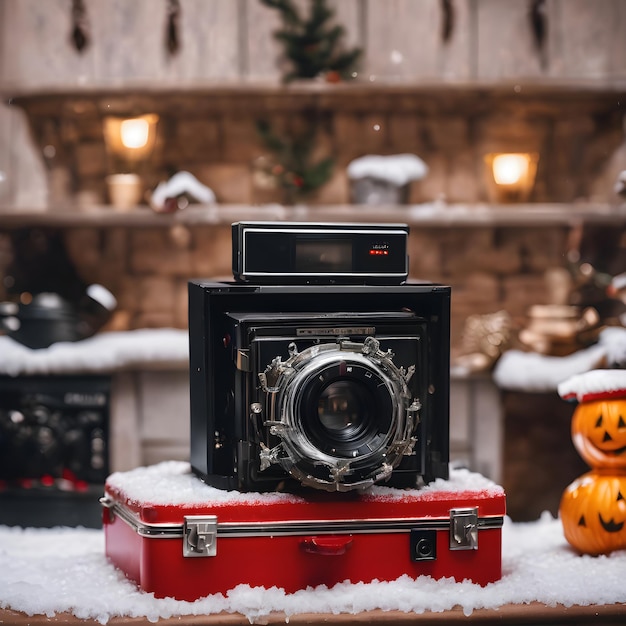 Une caméra de film vintage sur le fond d'une atmosphère de Noël à la maison entourée de neige