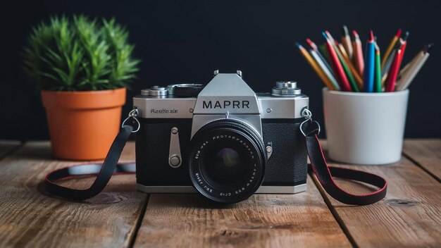 Photo une caméra avec un fond noir et une plante en pot sur la table