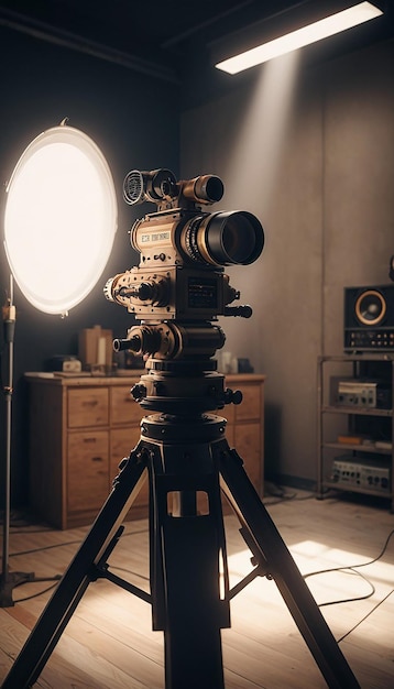 Photo une caméra avec un objectif et une lumière derrière elle