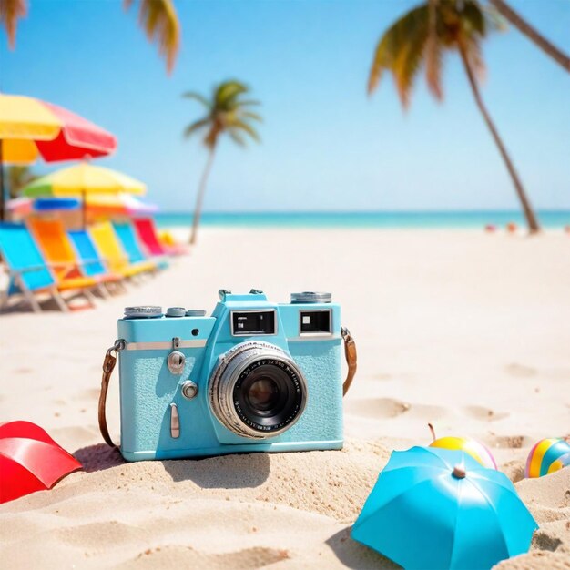 une caméra sur une plage avec un palmier en arrière-plan