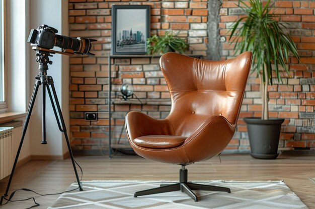 une caméra professionnelle sur un trépied est dirigée vers une chaise en cuir contre le fond d'un mur de briques