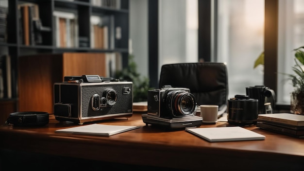 Photo caméra reflex sur une table en bois contre une fenêtre floue vieille technologie de photographie