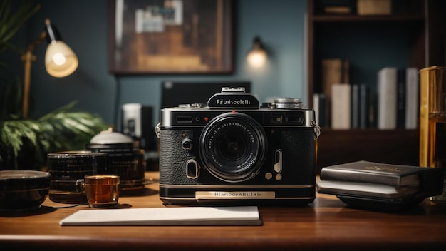 Caméra reflex sur une table en bois contre une fenêtre floue vieille technologie de photographie