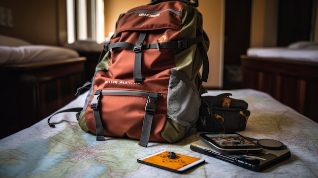 Photo de caméra sac à dos et carte réparties sur une technologie de télétravail