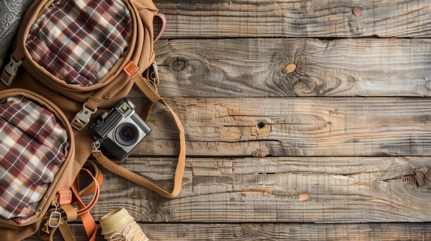 Une caméra et un sac à dos sont sur une surface en bois