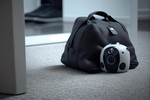 Caméra de sécurité de bureau montrant un sac noir suspect sur le sol créé avec une IA générative