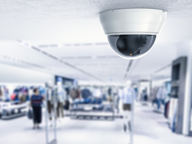 Photo caméra de sécurité ou caméra de vidéosurveillance au plafond avec fond de magasin de détail