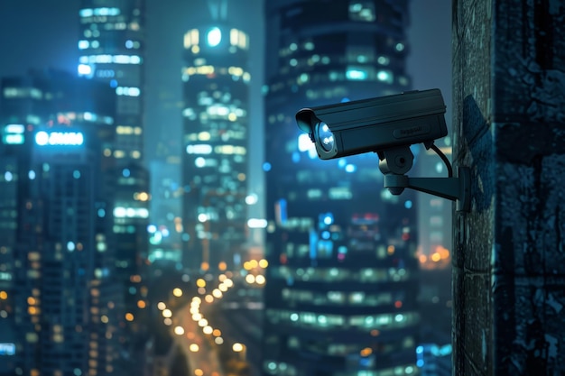 Photo une caméra de sécurité cctv surveillant un paysage urbain animé la nuit mettant en évidence la surveillance moderne