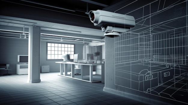 Caméra de sécurité CCTV ou système de surveillance au bureau IA générative