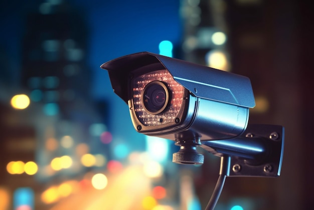 Caméra de sécurité dans un bâtiment moderne CCTV avec arrière-plan flou des lumières de la ville La technologie du système de sécurité ai générative