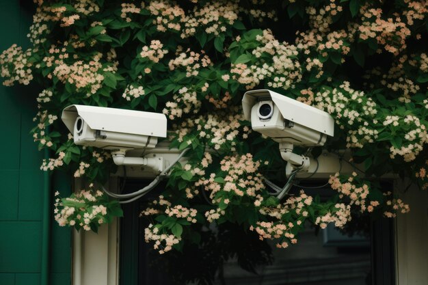 Caméra de sécurité devant la maison avec des fleurs au premier plan