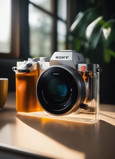 une caméra sony avec un reflet d'une plante dedans