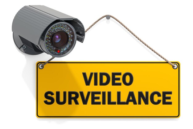 Caméra de surveillance de sécurité et panneau de remise avec rendu 3D de vidéosurveillance textuelle