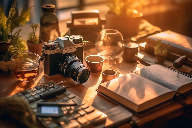 Caméra sur une table avec de nombreuses caméras différentes