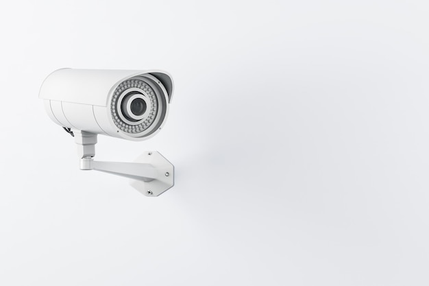 Caméra vidéo CCTV installée sur le concept de sécurité du mur lumineux rendu 3D