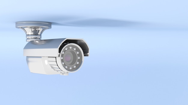 Caméra de vidéosurveillance en gros plan d'éclairage néon bleu, illustration 3d