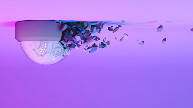 Caméra de vidéosurveillance en néon violet tombe en morceaux, illustration 3d