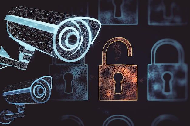 Caméra de vidéosurveillance de sécurité polygonale et hologramme d'icônes de verrouillage