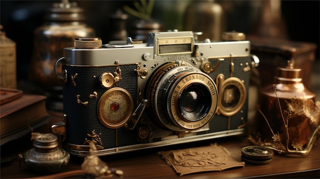 Caméra vintage sur le fond de vieux livres et d'objets rétro