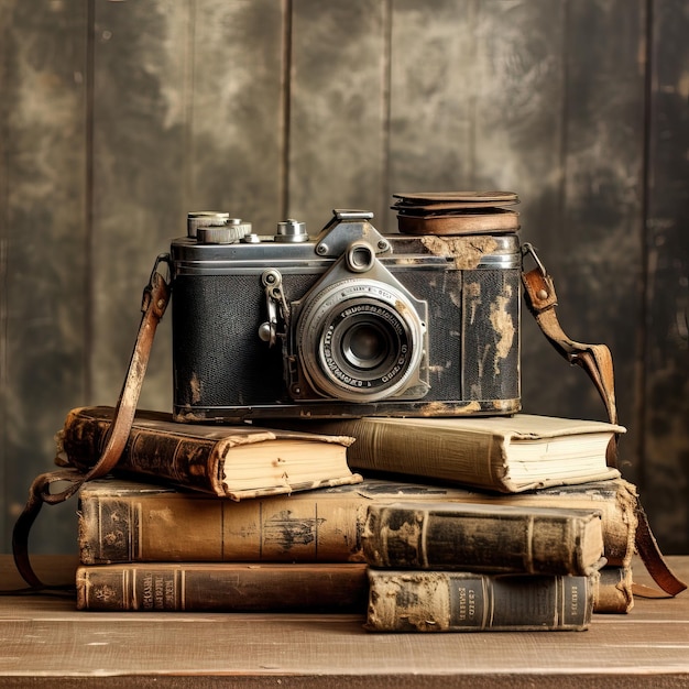 Une caméra vintage placée sur de vieux livres.