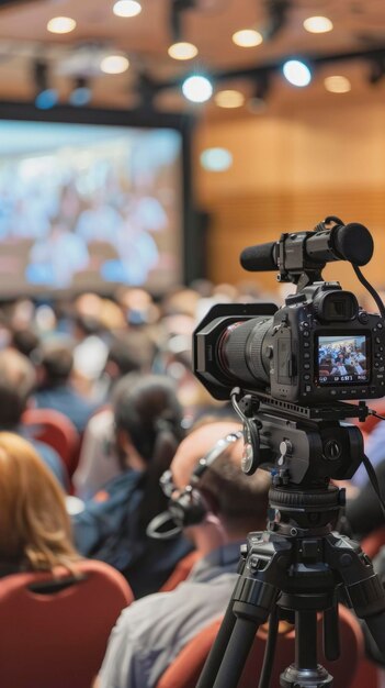 Photo caméraman professionnel avec une caméra vidéo enregistrant des événements ou des conférences