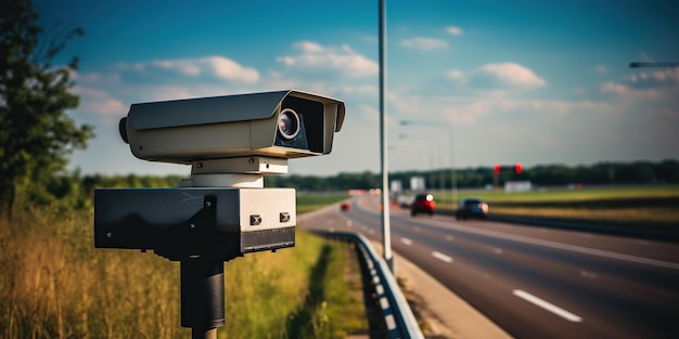 Des caméras et des radars de contrôle de vitesse le long d'une autoroute très fréquentée surveillent et enregistrent les excès de vitesse IA IA générative