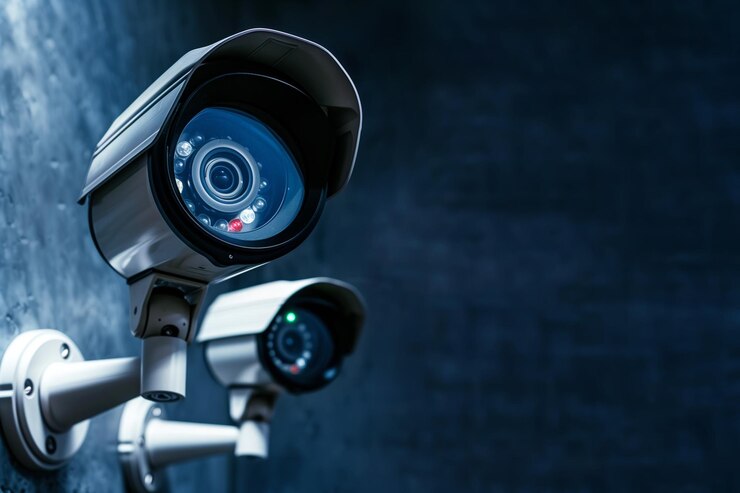 Caméras de sécurité montées sur un mur surveillant la zone avec un espace de copie