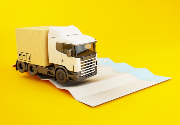Camion 3D avec des boîtes en carton sur la carte de la ville de papier.