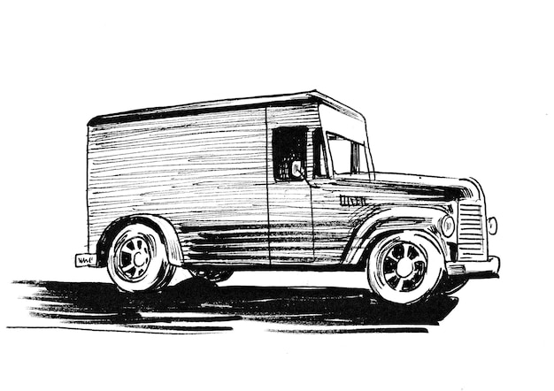 Camion américain d'époque. Dessin noir et blanc à l'encre