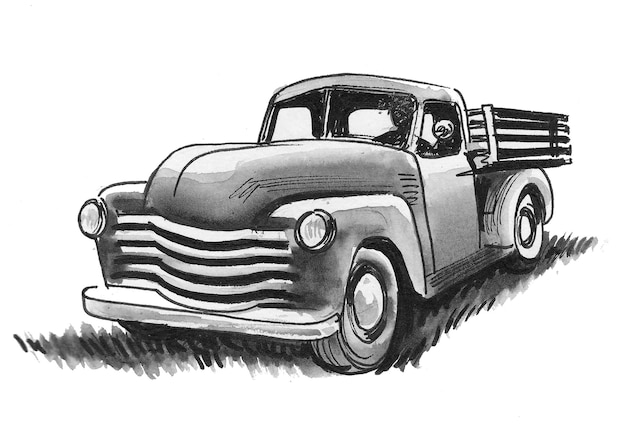 Camion américain d'époque. Dessin noir et blanc à l'encre