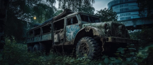 Camion de l'armée post apocalypse paysage grand écran adondoned affiche photo pluie verdure militaire