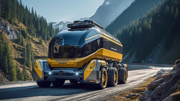 Camion autonome autonome alimenté par l'IA générative pendant la construction d'une route de montagne