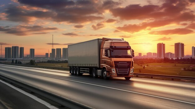 Photo un camion sur l'autoroute avec un paysage urbain au coucher du soleil