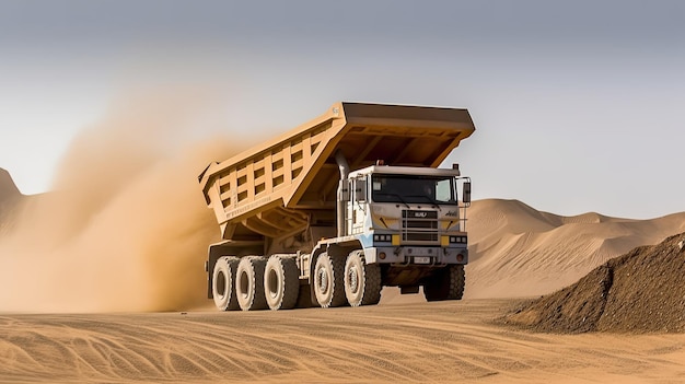 Un camion-benne traverse une dune de sable.